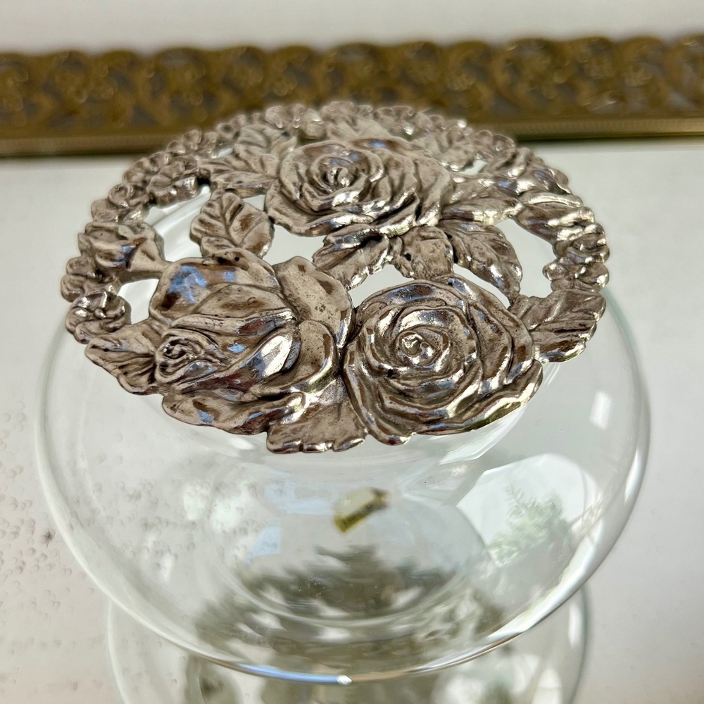 Vintage Glass Potpourri Jar Pewter Filigree Floral Rose Lid Vanity Jewelry Dish